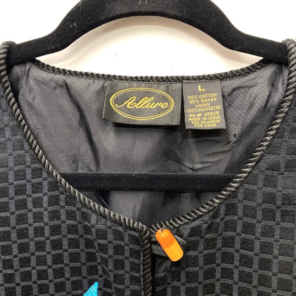 Allure Black Jacket, Size Large, Embroidered Applique‎ Tropical Birds Flowers - Picture 2 of 14
